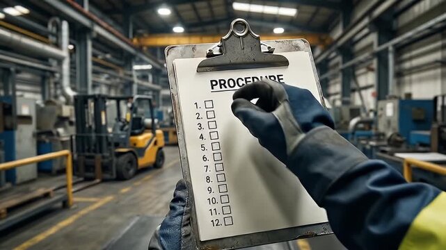 Procedure checklist on clipboard held by worker wearing protective gloves inside industrial warehouse and factory with forklift, machinery, safety helmet, and manufacturing environment background