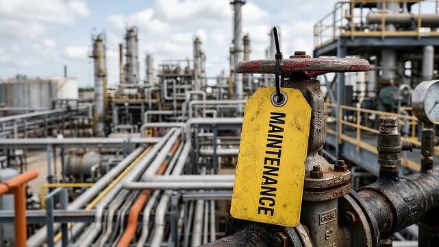 Maintenance valve with yellow tag in industrial plant pipe and equipment background showing industrial safety repair metal factory pipe equipment maintenance valve repair safety metal factory plant