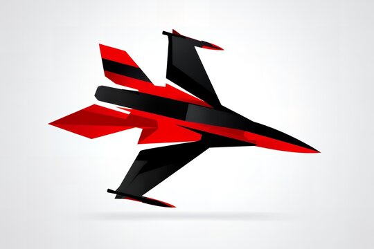 A sleek and futuristic fighter jet with a predominantly black and red color scheme soaring through the air with its wings angled for high speed maneuverability