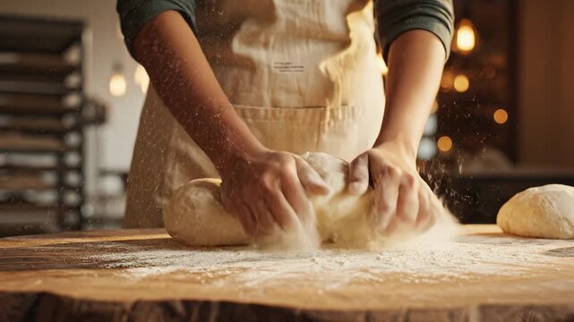 Baker kneads dough on wooden table while dusting flour for texture. Warm bakery setting with soft lighting creates inviting atmosphere. Concept of baking, culinary arts, food service