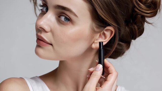 Realistic portrayal of young woman managing diabetes with a lancet pen in a neutral setting during bright daylight