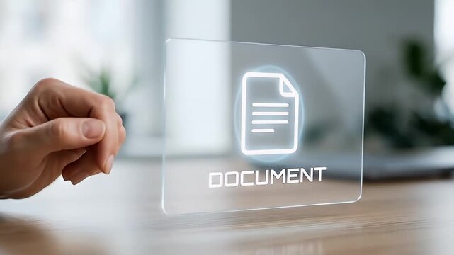 Document icon hand transparent screen digital interface technology futuristic office modern business communication touchscreen innovation data file interaction display concept work