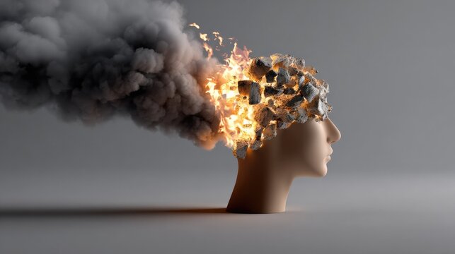Exploding Mind: This image is a stark visual metaphor of the human mind, shown exploding, representing stress, pressure, and mental health struggles, evoking feelings of turmoil and emotional strain.