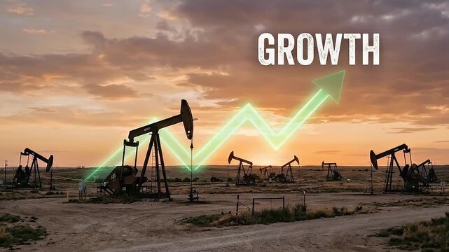 Oil pump jack sunset with growth arrow graphic, energy industry economic development, industrial landscape natural resource extraction, business success symbol, rising arrow, machinery technology