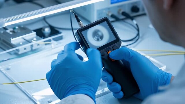 Inspection endoscope technology medical device with gloved hands close up laboratory showing detailed examination and analysis process using blue gloves screen diagnostic equipment healthcare