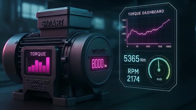Smart compressor module torque dashboard display with neon holographic performance graph, numeric torque sensor reading and RPM gauge, industrial motor speed module and digital dashboard interface