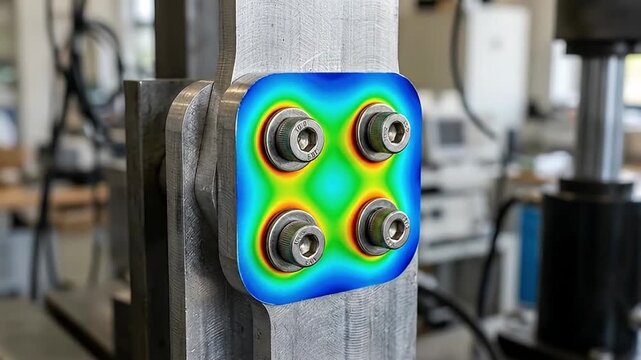 Metal joint stress analysis simulation with colorful heat map on bolts and plate in industrial workshop showing mechanical connection and structural component engineering test