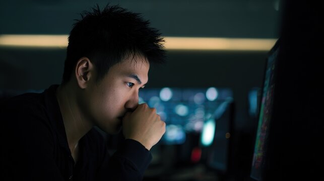 Professional in dark blue shirt at work moment, soft left light shallow depth, blurred industrial background, focused modern career scene, commercial portrait stock