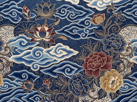 Elegant Cirebon batik blending floral motifs with iconic Mega Mendung clouds
