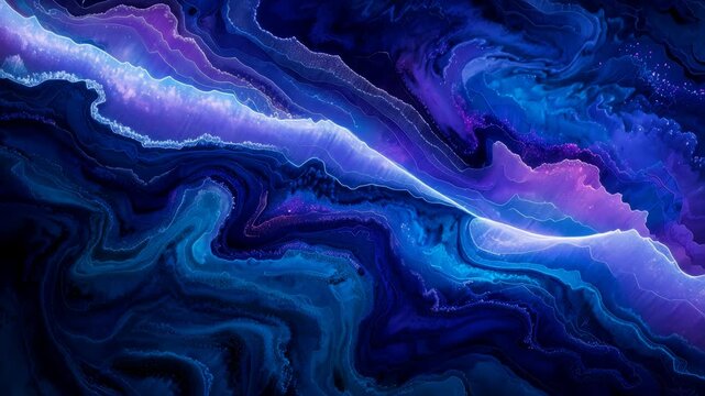 Abstract fluid art composition featuring vibrant blue and purple waves flowing seamlessly across the canvas, creating a mesmerizing visual experience in a dynamic display of color