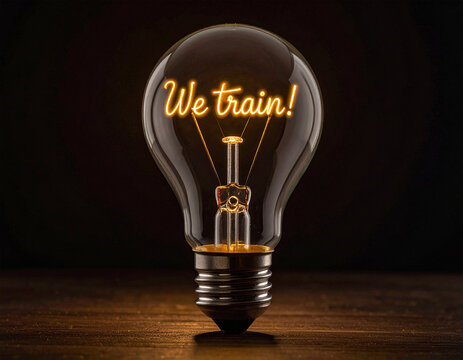 Glühbirne mit einem Glühdraht das aussieht wie das Wort "We train!"