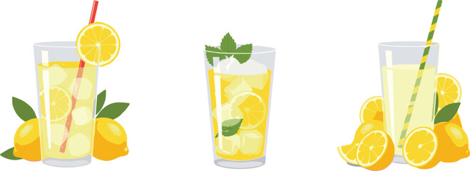 Lemonade drink illustration set featuring fresh lemons, iced citrus beverages, mint leaves, and refreshing summer drinks in bright flat vector style © MstGulzan