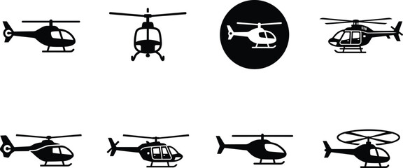 Collection of helicopter vector icons in multiple styles and perspectives including side front flying and spotlight variations isolated on white background for aviation design use © pappa