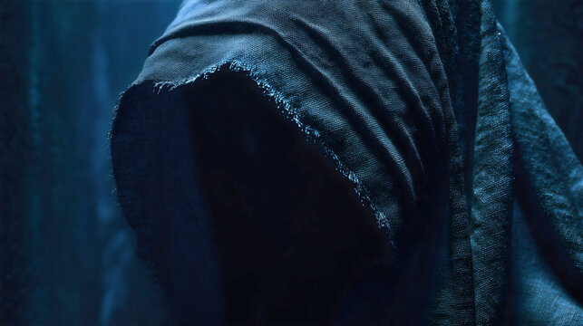 Angled view of a terrifying hooded figure without a face, tattered cloak of a spectral wraith in eerie blue light, horror movie concept.