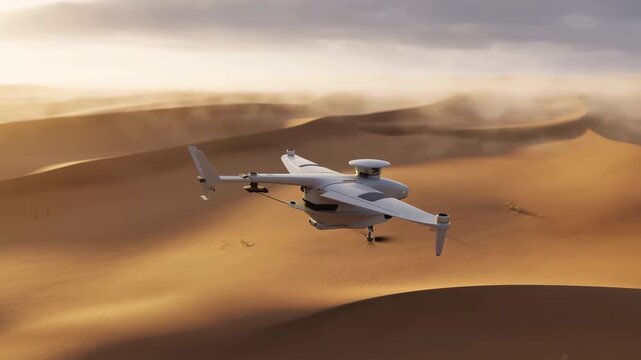Remote Controlled Drone Captures Cinematic Scene Above Sandy Dunes With Sunset Ambiance And Distant Storms