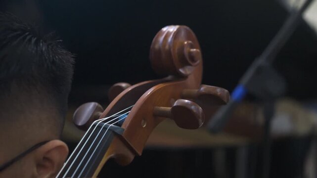 Close up of Musician Playing Cello with Bow in Orchestral Performance