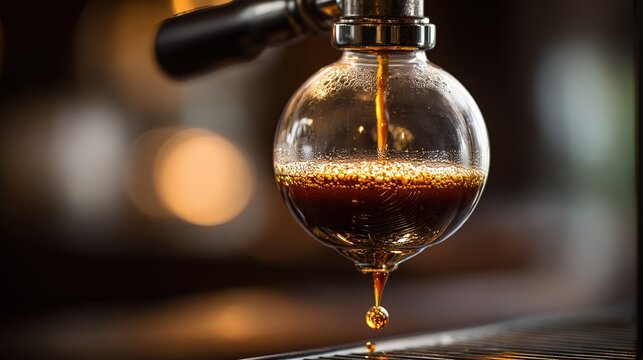 Siphon coffee maker brewing close-up with hot water flowing to lower chamber, coffee droplets falling, clear glass texture, soft warm light, sharp details, shallow depth