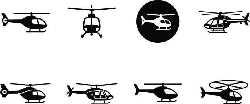 Collection of helicopter vector icons in multiple styles and perspectives including side front flying and spotlight variations isolated on white background for aviation design use