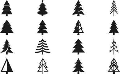 Obraz premium Collection of Christmas tree vector silhouettes featuring multiple styles including geometric minimal abstract and decorative pine trees isolated on white background for holiday design
