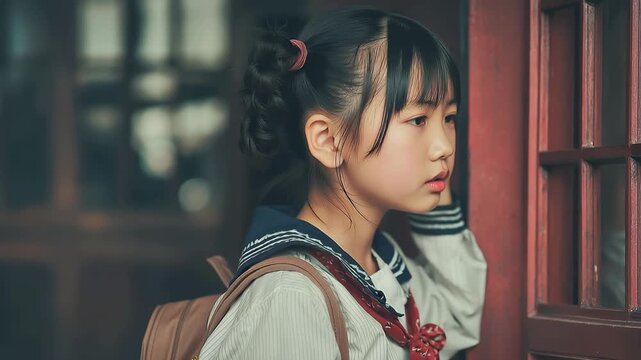 Cute Asian child girl wearing traditional school uniform poses thoughtfully with a backpack against wooden backdrop during a sunny afternoon