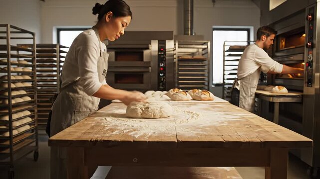 Bakers working on dough preparation at wooden countertop. Flour covers surface in well-lit bakery. Concept of baking, culinary arts, baking supplies