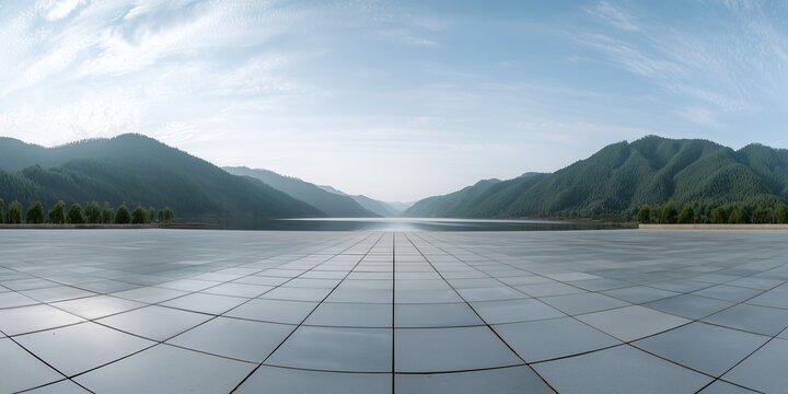 Wide empty tiled terrace panoramic view overlooking a serene lake and lush green mountains under clear sky, concept for architectural showcase, travel promotion and luxury car background