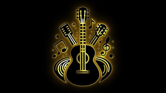 Neon guitar art. Musical notes icon. Glowing yellow line. Acoustic vibes. Rock music design. Winged guitar. Audio visual art. Guitar player gift. Electric energy. Concert branding.
