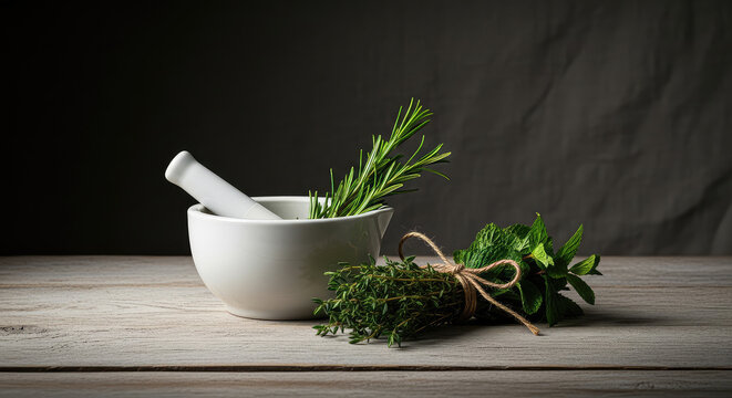 Mortar and pestle with herbs on wooden table