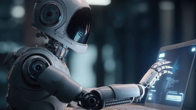 Exploration of artificial intelligence as a humanoid robot interacts with a digital interface in a futuristic workspace environment