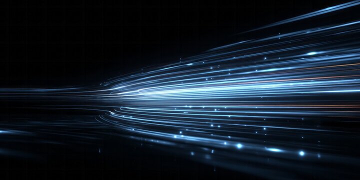 Bright blue energy streams rapidly move across a dark digital plane.
