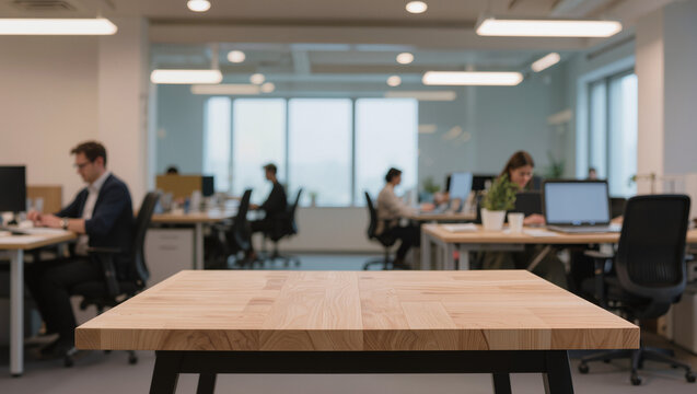 Empty Wooden Desk in Modern Open-Plan Office with Blurry Workers