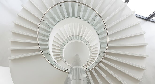 A circular metal spiral staircase in an old building features a round perspective looking down the steps with a design reminiscent of a jet engine turbine