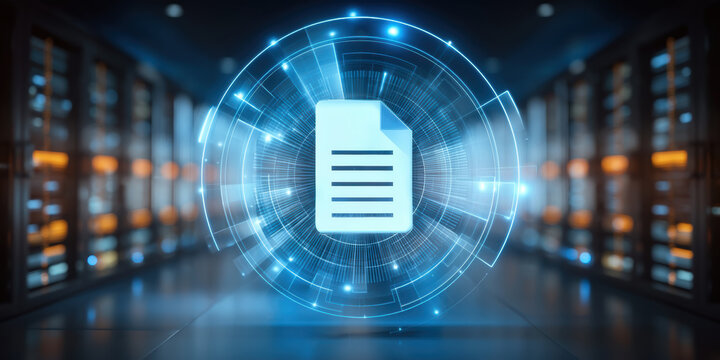 Document icon glowing in digital data center halo conveying secure file storage and access