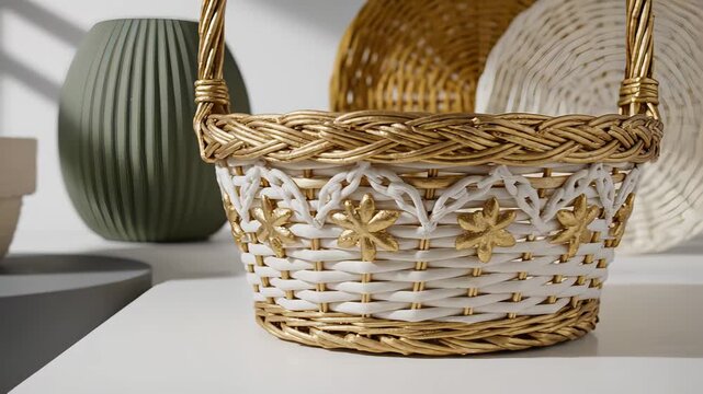 Decorative basket sits on clean surface with soft shadows. Light and texture create visual interest for a modern home setting. Concept for interior design, home decor, lifestyle