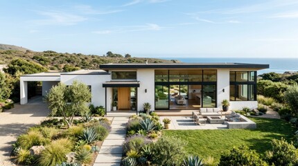 Fototapeta premium A modern, minimalist house with a glass facade overlooking the ocean, featuring a spacious patio with a fire pit and garden.