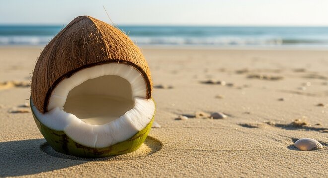 Fresh Coconut Cracked Open on a Sandy Beach Revealing White Meat and Clear Water