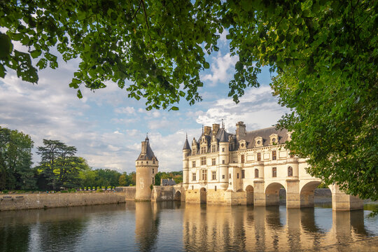 Le Chateau royal de Chenonceau et ses reflets, entour&eacute; par le feuillage d'un arbre au printemps, sur le bord de la Loire, en France