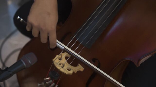 Close up of Musician Playing Cello with Bow in Orchestral Performance