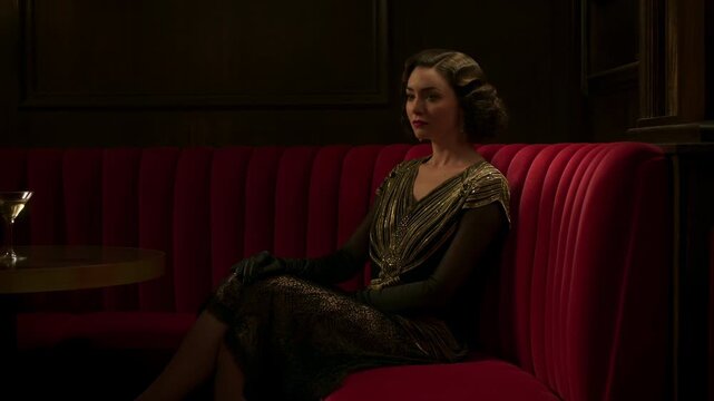 Elegant Evening Solitude. Stylish Woman Dressed In Shining Gown Alone In Intimate Cocktail Bar Setting