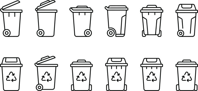 Set of trash bin vector icons featuring different recycling containers with open and closed lids in outline style isolated on white background for waste management design