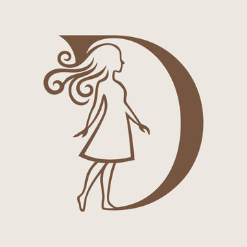 Logotipo de boutique de moda. Dibujo sencillo con l&iacute;neas de una mujer de perfil con un vestido y cabello suelto con letra D
