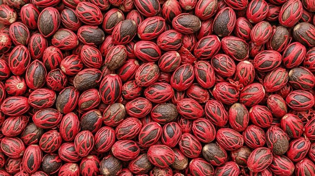 Flat macro texture of whole nutmeg seeds covered in bright red mace arils, exotic raw organic tropical spice background.
