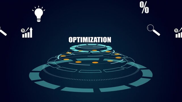 Digital business process optimization with futuristic HUD dashboard and efficiency icons.