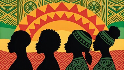Happy Martin Luther King Day background celebrating Black History Month, diverse silhouettes, African-inspired patterns, unity and equality theme