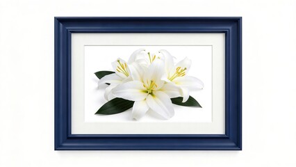 Elegant white lilies in a navy blue frame symbolizing purity sympathy and remembrance ideal for funeral wedding or home decor isolated on white background mockup for interior desig © PixelCraftHub