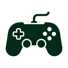 A dark green video game controller icon with a directional pad, four action buttons, and two smaller central buttons, presented as a graphic element isolated on a clean © Designer