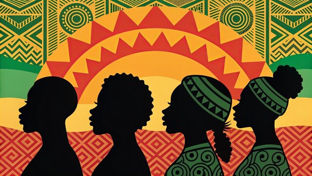 Happy Martin Luther King Day background celebrating Black History Month, diverse silhouettes, African-inspired patterns, unity and equality theme