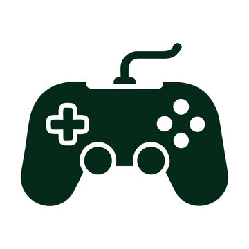 A dark green video game controller icon with a directional pad, four action buttons, and two smaller central buttons, presented as a graphic element isolated on a clean
