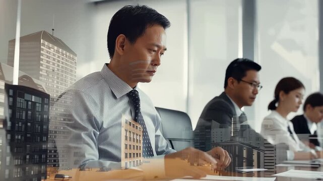 Business professionals engage in strategic discussions in a modern office setting during a productive workday reflecting collaboration and focus