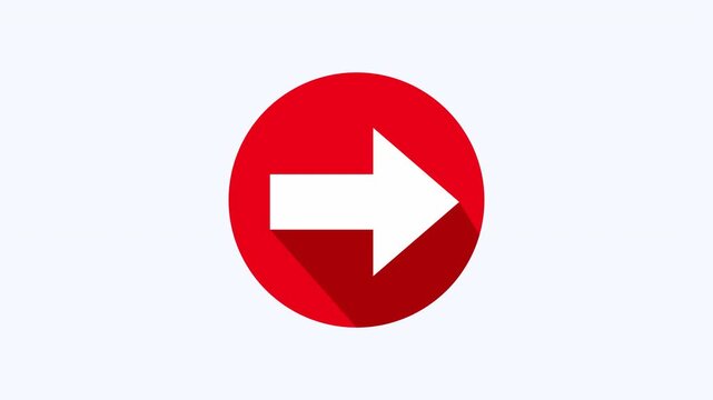 White arrow pointing right inside a red circle, suitable for web buttons, directional signs, presentations, infographic elements, social media posts, and logos.